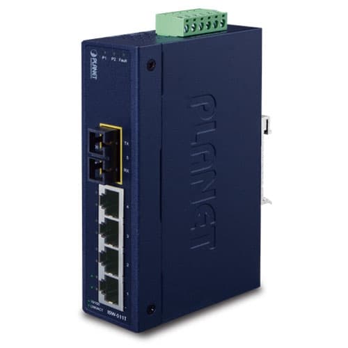 ISW-511T / ISW-511TS15 — 4-Port 10/100BASE-TX + 1-Port 100BASE-FX Industrial Ethernet Switch with Wide Operating Temperature (-40~75 degrees C)