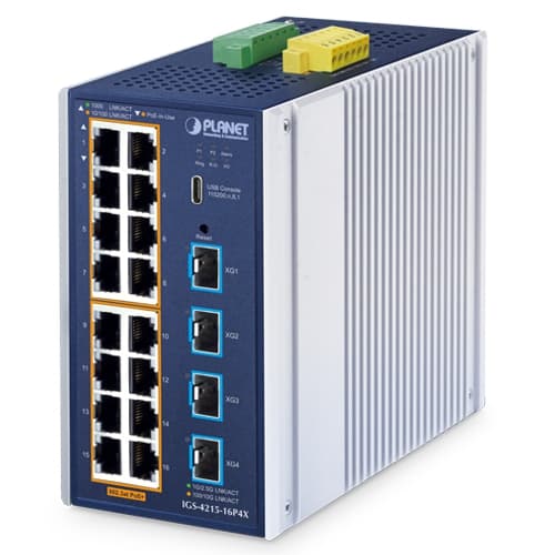 IGS-4215-16P4X — Industrial L2+ 16-Port 10/100/1000T 802.3at PoE + 4-Port 10G SFP+ Managed Ethernet Switch