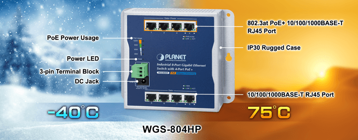WGS-804HP — Industrial 8-Port 10/100/1000T Wall-mounted Gigabit Ethernet Switch with 4-Port PoE+, vista 4