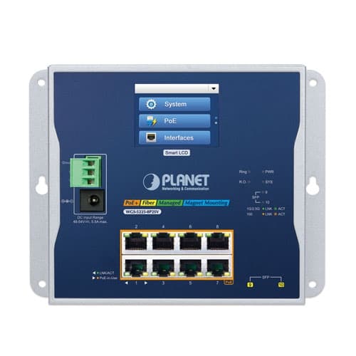 WGS-5225-8P2SV — Industrial L2+ 8-port 10/100/1000T 802.3at PoE + 2-port 1G/2.5G SFP Wall-mount Managed Switch with LCD Touch Screen, vista 2
