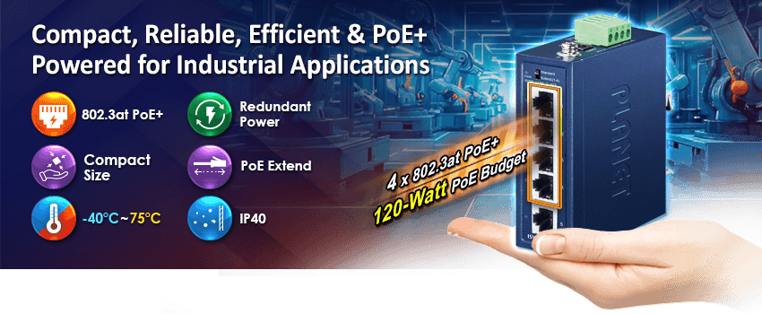ISW-504PT-E — Compact Industrial 4-Port 10/100TX 802.3at PoE + 1-Port 10/100TX Ethernet Switch, vista 4