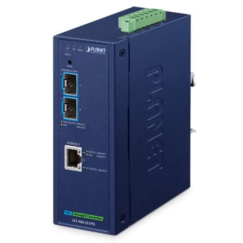 IXT-900-2X1PD — Industrial 2-Port 10GBASE-X SFP+ + 1-Port 10GBASE-T PoE PD Managed Media Converter