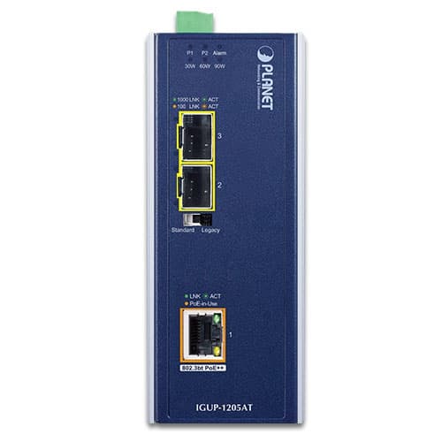 IGUP-1205AT — Industrial 2-Port 100/1000X SFP to 1-Port 10/100/1000T 802.3bt PoE++ Media Converter, vista 2