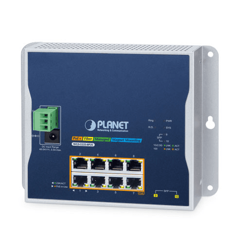WGS-5225-8P2S — Industrial L2+ 8-Port 10/100/1000T 802.3at PoE + 2-Port 1G/2.5G SFP Wall-mount Managed Switch, vista 5