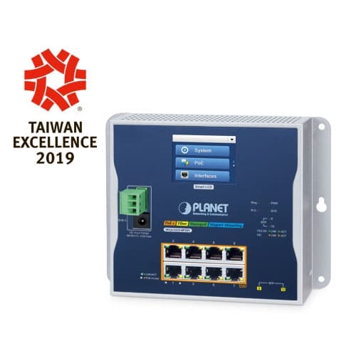 WGS-5225-8P2SV — Industrial L2+ 8-port 10/100/1000T 802.3at PoE + 2-port 1G/2.5G SFP Wall-mount Managed Switch with LCD Touch Screen