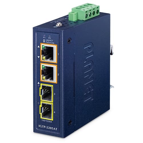 IGTP-2205AT — Compact Industrial 2-Port 100/1000X SFP to 2-Port 10/100/1000T 802.3at PoE+ 
Media Converter