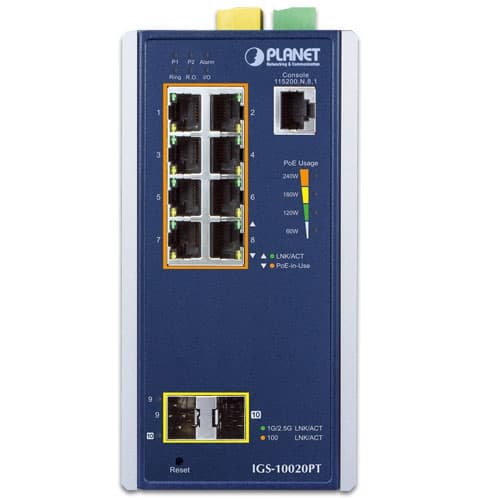 IGS-10020PT — Industrial 8-port 10/100/1000T 802.3at PoE + 2-port 1G/2.5G SFP Managed Switch, vista 2