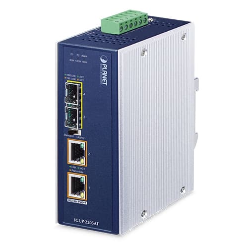 IGUP-2205AT — Industrial 2-Port 100/1000X SFP to 2-Port 10/100/1000T 802.3bt PoE++ Media Converter