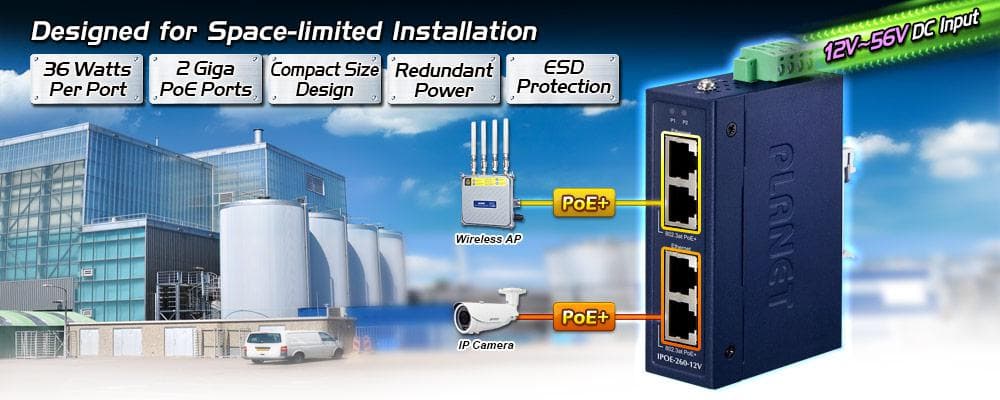 IPOE-260 Series — Industrial 2-port 10/100/1000T 802.3at PoE+ Injector Hub, vista 6
