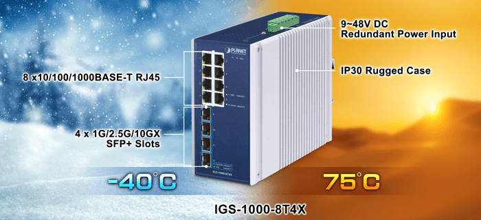 IGS-1000-8T4X — Industrial 8-Port 10/100/1000T + 4-Port 10G SFP+ Ethernet Switch, vista 5