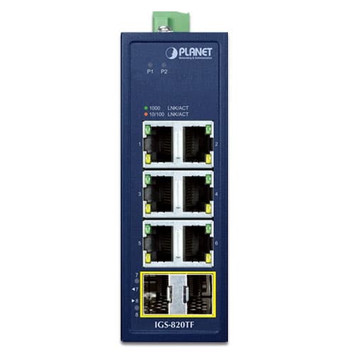 IGS-820TF — Compact Industrial 6-Port 10/100/1000T + 2-Port 100/1000X SFP Ethernet Switch, vista 2