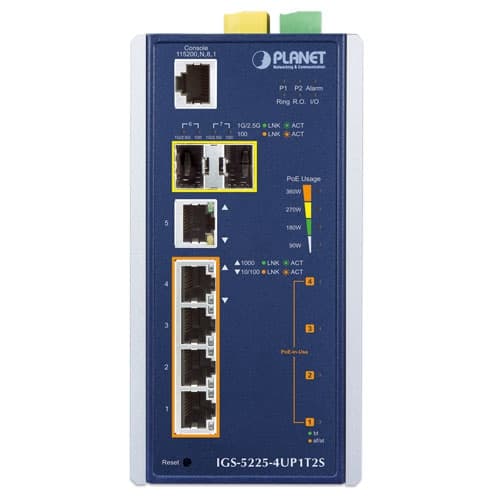 IGS-5225-4UP1T2S — Industrial L2+ 4-Port 10/100/1000T 802.3bt PoE + 1-Port 10/100/1000T + 2-Port 1G/2.5G SFP Managed Ethernet Switch, vista 2