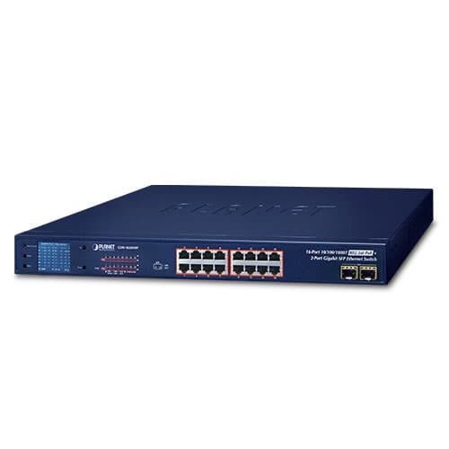 GSW-1820VHP — 16-Port 10/100/1000T 802.3at PoE + 2-Port Gigabit SFP Ethernet Switch with LCD PoE Monitor