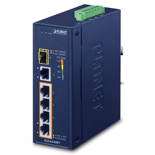 IGS-614HPT — Industrial 4-Port 10/100/1000T 802.3at PoE + 1-Port 10/100/1000T + 1-Port 100/1000X SFP Gigabit Ethernet Switch