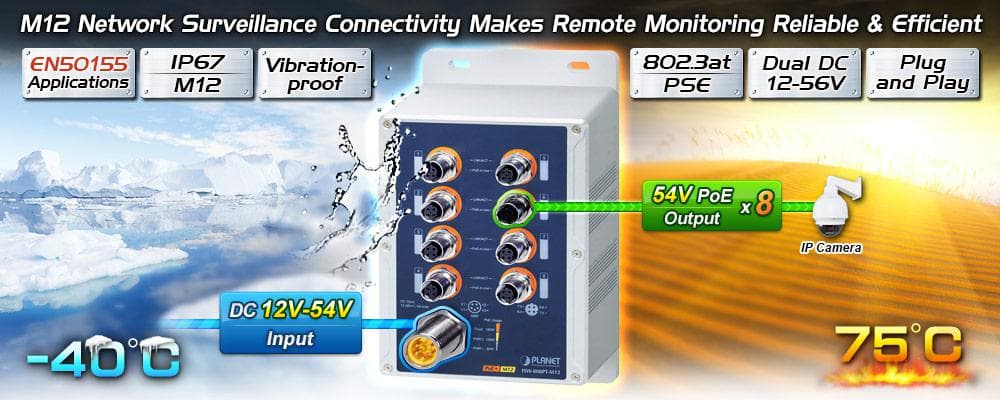 ISW-808PT-M12 — Industrial IP67 8-Port 10/100TX M12 802.3at PoE+ Switch, vista 5
