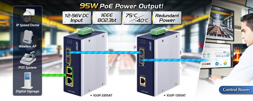 IGUP-1205AT — Industrial 2-Port 100/1000X SFP to 1-Port 10/100/1000T 802.3bt PoE++ Media Converter, vista 4