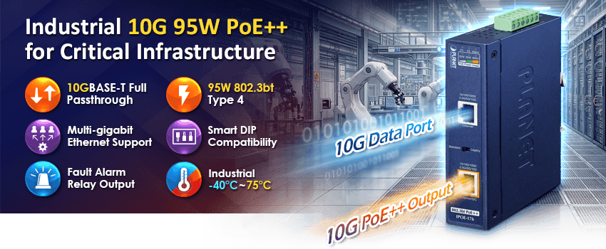 IPOE-176 — Industrial Single-Port 10Gbps 802.3bt PoE++ Injector, vista 4