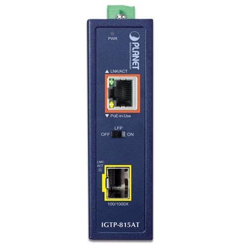 IGTP-815AT — Industrial Compact 100/1000BASE-X to 10/100/1000BASE-T 802.3at PoE+  Media Converter, vista 2