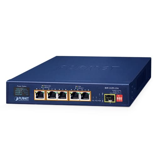BSP-115PV-15A — 5-Port 802.3at PoE+ Solar PoE Switch with 1-Port 1000X SFP and LCD Display