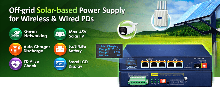 BSP-115PV-15A — 5-Port 802.3at PoE+ Solar PoE Switch with 1-Port 1000X SFP and LCD Display, vista 4