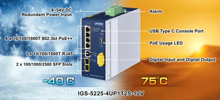 IGS-5225-4UP1T2S-12V — Industrial L2+ 4-Port 10/100/1000T 802.3bt PoE + 1-Port 10/100/1000T + 
2-Port 1G/2.5G SFP Managed Ethernet Switch w/12V Booster, vista 4