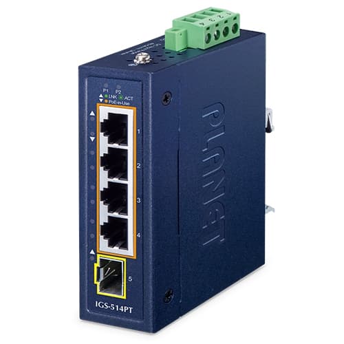 IGS-514PT — Compact Industrial 4-Port 10/100/1000T 802.3at PoE + 1-Port 100/1000X SFP Ethernet Switch
