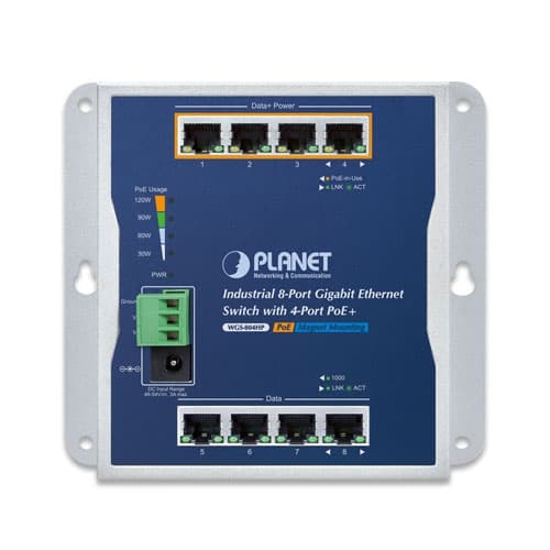 WGS-804HP — Industrial 8-Port 10/100/1000T Wall-mounted Gigabit Ethernet Switch with 4-Port PoE+, vista 2