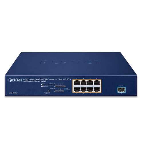 MGS-910XP — 8-Port 10/100/1000/2500T 802.3at PoE+ + 1-Port 10G SFP+ Multigigabit Ethernet Switch (120 Watts), vista 2