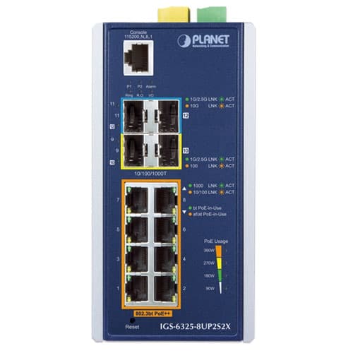 IGS-6325-8UP2S2X — Industrial L3 8-Port 10/100/1000T 802.3bt PoE + 2-Port 100/1000X SFP + 
2-Port 10G SFP+ Managed Ethernet Switch, vista 2