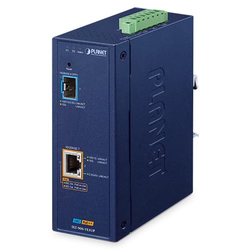 IXT-900-1X1UP — Industrial 1-Port 10G SFP+ + 1-Port 10GBASE-T 802.3bt PoE++ Managed Media Converter