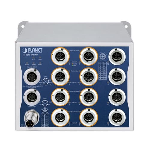 ITS-5216-8P4T-WV — Industrial L2+ 8-Port 10/100/1000T 802.3at PoE M12 + 4-Port 10/100/1000T M12 Managed Ethernet Switch, vista 2