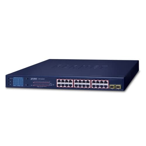 GSW-2620VHP — 24-Port 10/100/1000T 802.3at PoE + 2-Port Gigabit SFP Ethernet Switch with LCD PoE Monitor