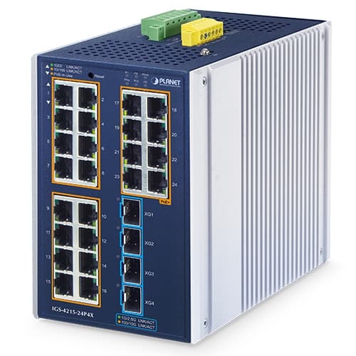 IGS-4215-24P4X — Industrial L2+ 24-Port 10/100/1000T 802.3at PoE + 4-Port 10G SFP+ Managed Ethernet Switch