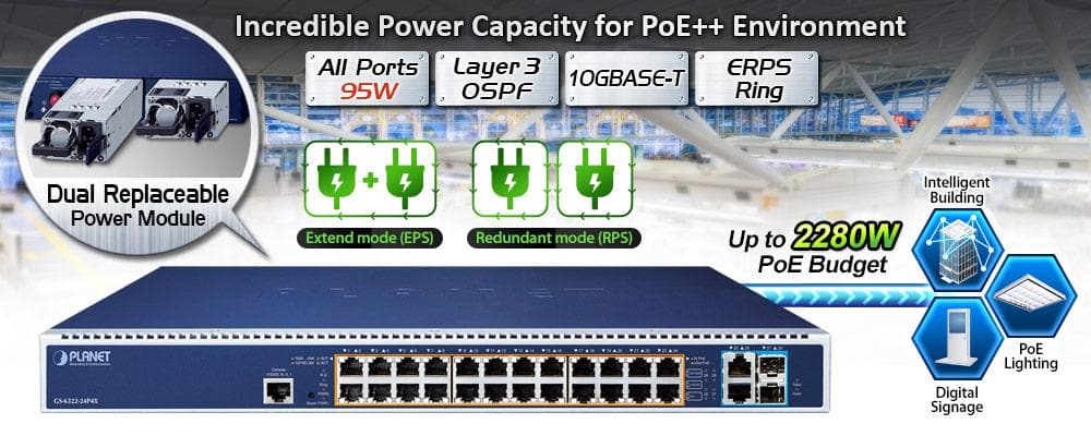 GS-6322-24P4X — L3 24-Port 10/100/1000T 802.3bt PoE + 2-Port 10GBASE-T + 2-Port 10G SFP+ Managed Switch with Dual Modular Power Supply Slots, vista 9