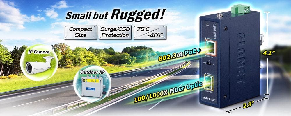 IGTP-815AT — Industrial Compact 100/1000BASE-X to 10/100/1000BASE-T 802.3at PoE+  Media Converter, vista 4