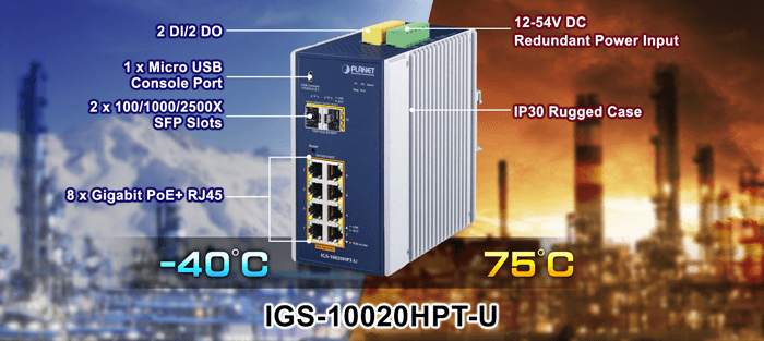 IGS-10020HPT/IGS-10020HPT-U — Industrial 8-port 10/100/1000T 802.3at PoE + 2-port 1G/2.5G SFP Managed Switch, vista 8
