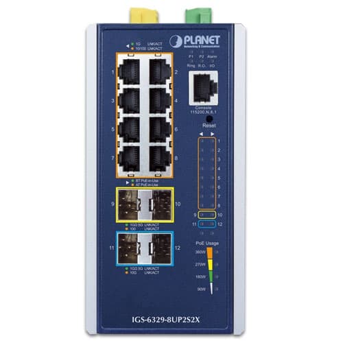 IGS-6329-8UP2S2X — Industrial L3 8-Port 10/100/1000T 802.3bt PoE + 2-Port 1G/2.5G SFP + 2-Port 10G SFP+ Managed Ethernet Switch, vista 2