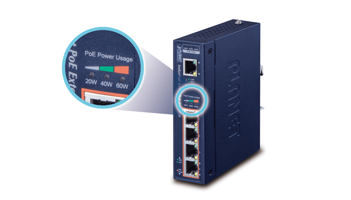 IPOE-E174 — Industrial 1-Port 802.3bt PoE++ to 4-Port 802.3af/at Gigabit PoE Extender, vista 6