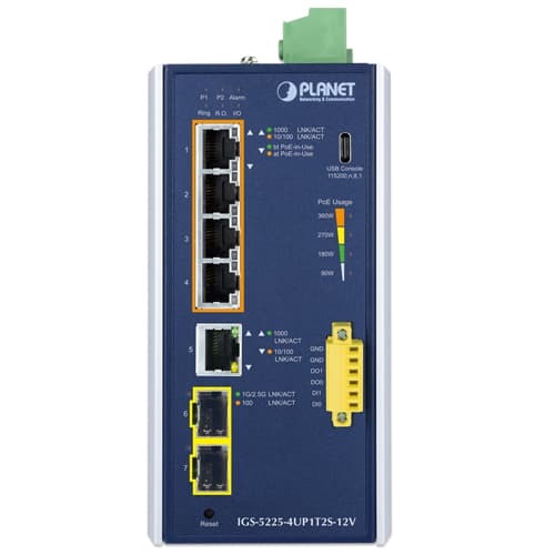 IGS-5225-4UP1T2S-12V — Industrial L2+ 4-Port 10/100/1000T 802.3bt PoE + 1-Port 10/100/1000T + 
2-Port 1G/2.5G SFP Managed Ethernet Switch w/12V Booster, vista 2