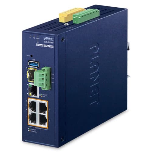IVR-300FP — Industrial 4-Port 10/100/1000T 802.3at PoE + 1-Port 10/100/1000T + 1-Port 1000X SFP VPN Security Gateway