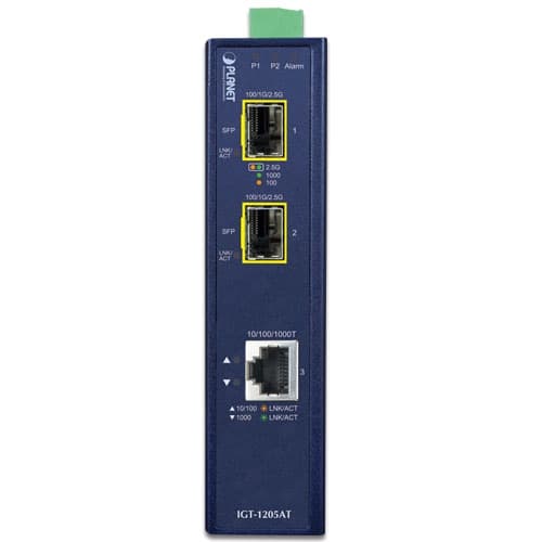 IGT-1205AT — Industrial 1-port 10/100/1000T to 2-port 100/1000/2500X SFP Media Converter, vista 2