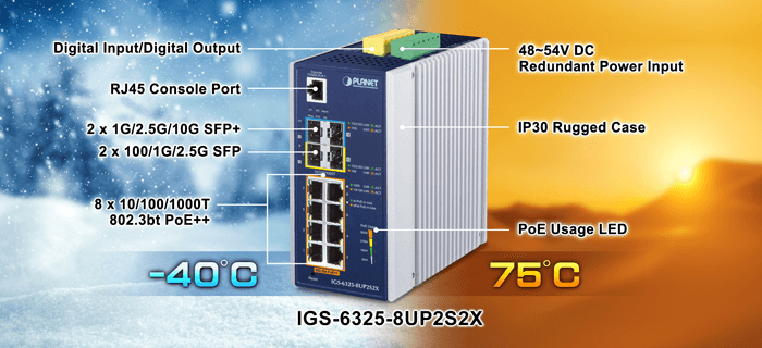 IGS-6325-8UP2S2X — Industrial L3 8-Port 10/100/1000T 802.3bt PoE + 2-Port 100/1000X SFP + 
2-Port 10G SFP+ Managed Ethernet Switch, vista 4