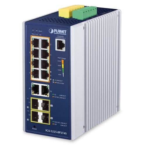 IGS-5225-8P2T4S — Industrial L2+ 8-Port 10/100/1000T 802.3at PoE + 2-Port 10/100/1000T + 2-Port 100/1G SFP + 2-Port 100/1G/2.5G SFP Managed Ethernet Switch