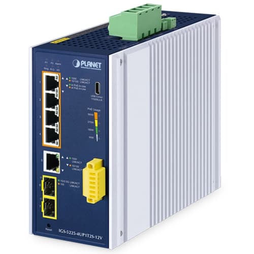 IGS-5225-4UP1T2S-12V — Industrial L2+ 4-Port 10/100/1000T 802.3bt PoE + 1-Port 10/100/1000T + 
2-Port 1G/2.5G SFP Managed Ethernet Switch w/12V Booster