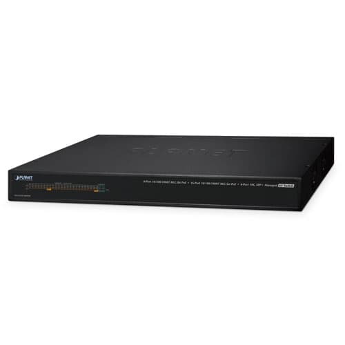 AVS-4210-24HP4X — 8-Port 10/100/1000T 802.3bt PoE + 16-Port 10/100/1000T 802.3at PoE + 4-Port 10G SFP+ Managed AV Switch