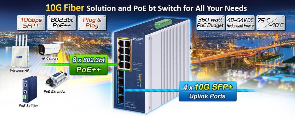 IGS-1000-8UP4X — Industrial 8-Port 10/100/1000T 802.3bt PoE + 4-Port 10G SFP+ Ethernet Switch, vista 4