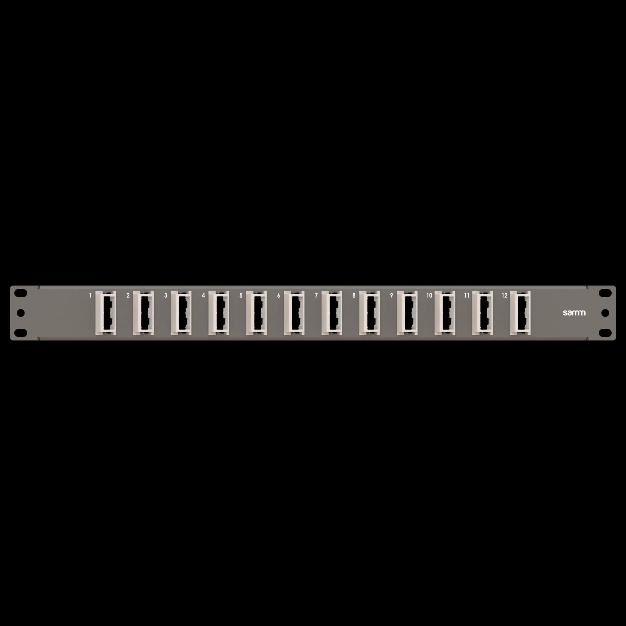 19” 1U, FP7 12 Angled Duplex , Front Panel Frame for Fiber Adapters, Empty, Black, vista 2