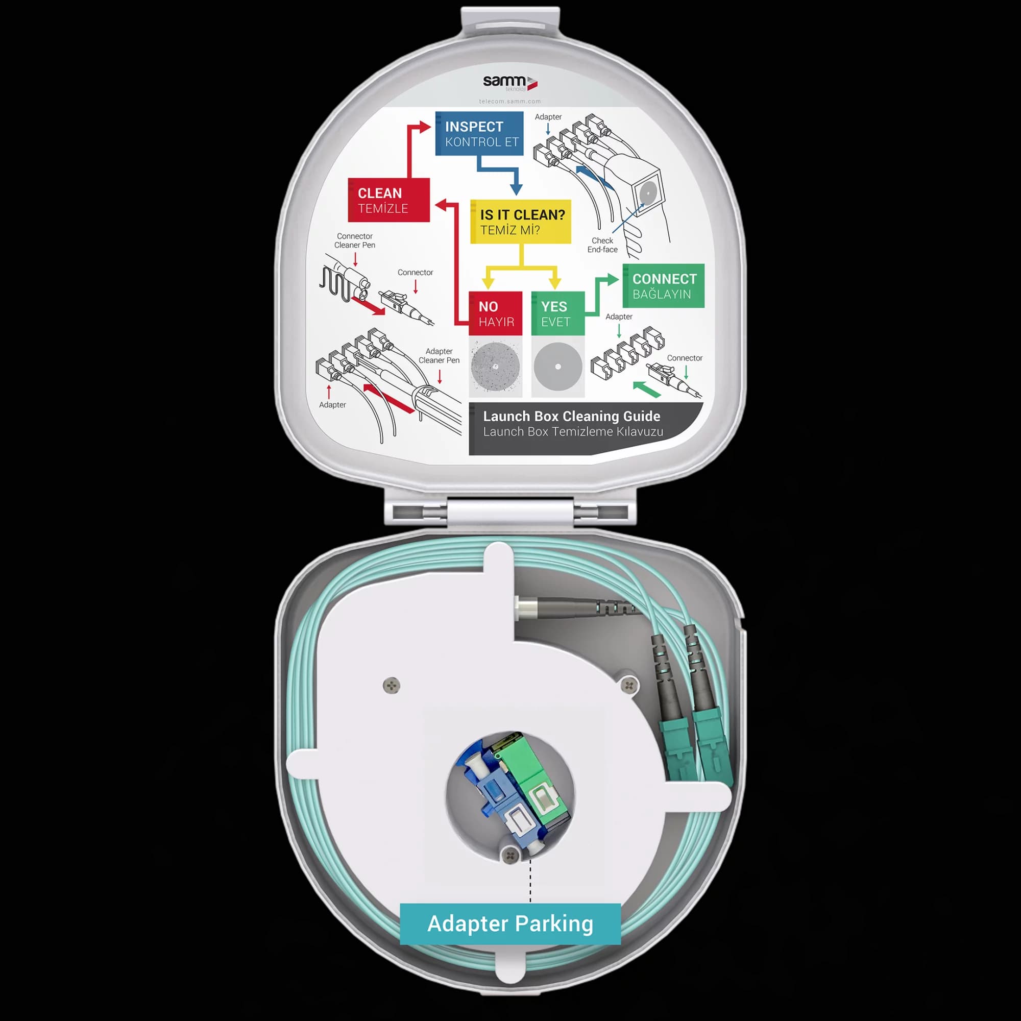 Through Type Fiber Optic OTDR Launch Box | Multi-Mode G651.OM3 | SC UPC/SC UPC | 150 meters, vista 6