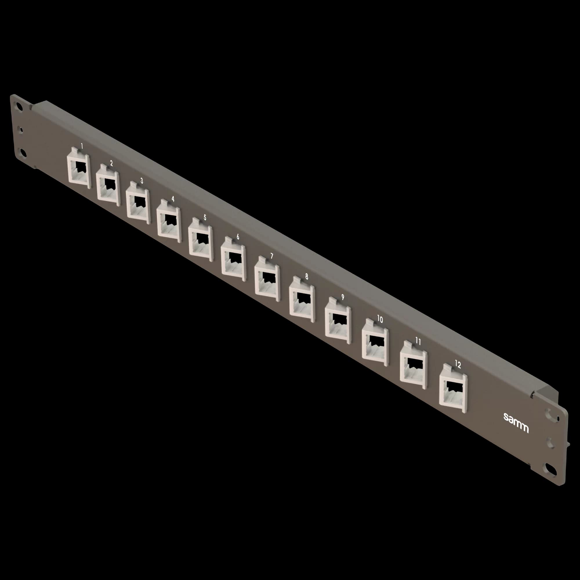 19” 1U, FP6 12 Angled Simplex, Front Panel Frame for Fiber Adapters, Empty, Black
