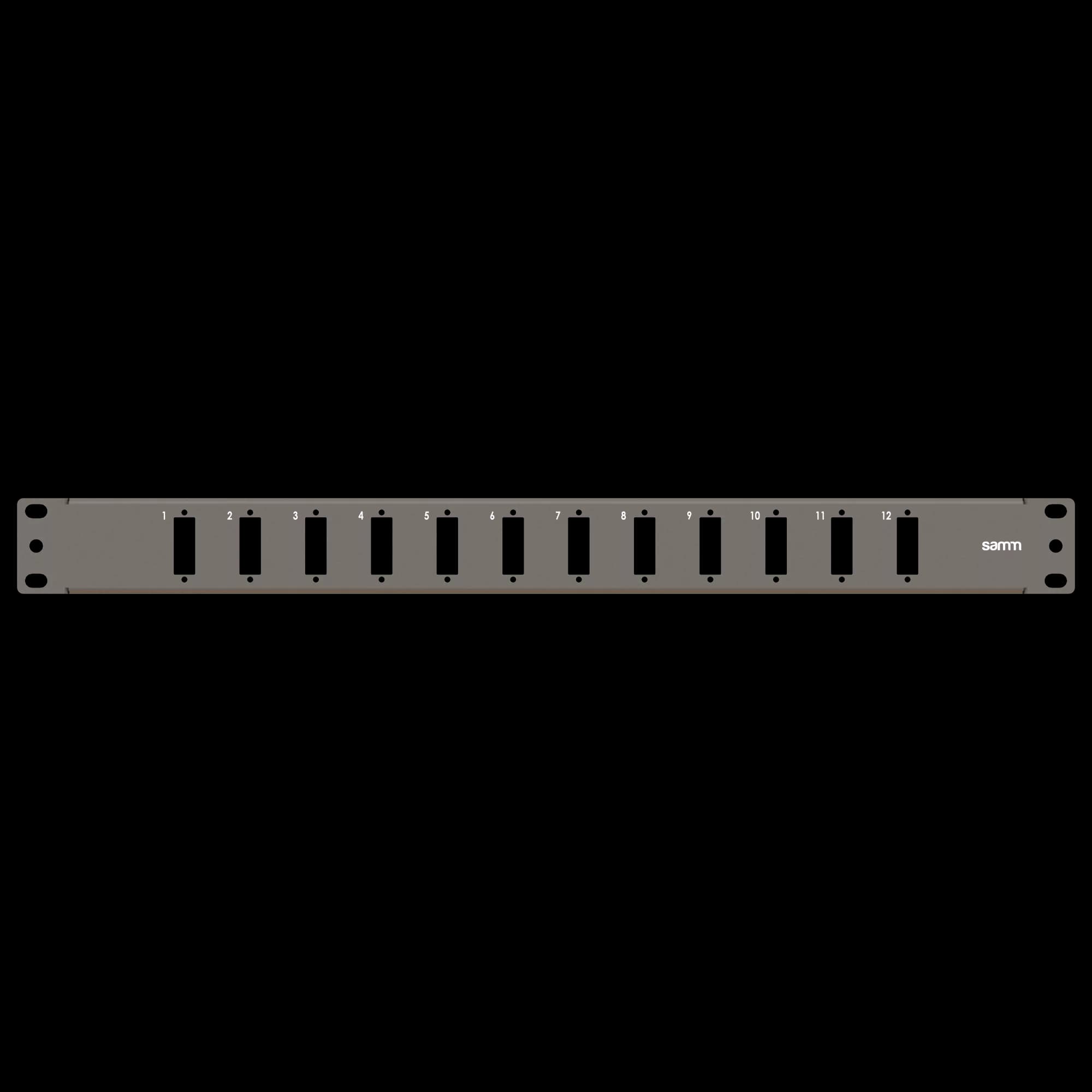 19” 1U, FP4 12 Duplex, Front Panel Frame for Fiber Adapters, Empty, Black, vista 2